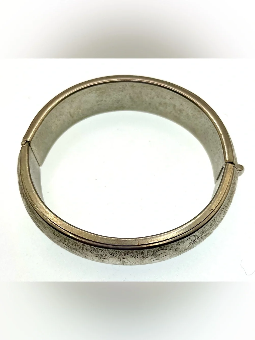 Vintage 1950s Silver Tone Floral Engraved Hinged Bangle Bracelet MCM